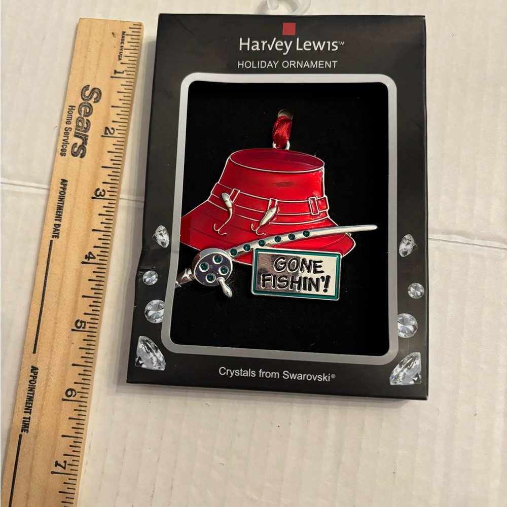 Harvey Lewis Red Metal Fishing Hat Holiday Ornament with Swarovski